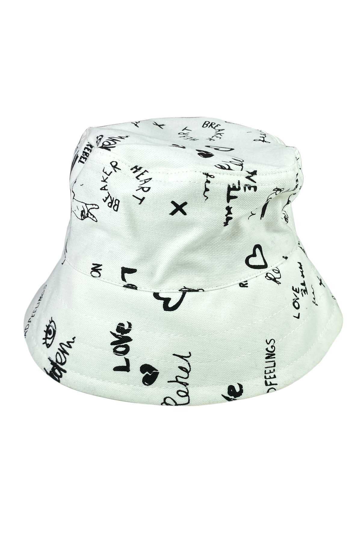 Unisex Kova Şapka Balıkçı Şapka Bucket Hat Desenli Beyaz