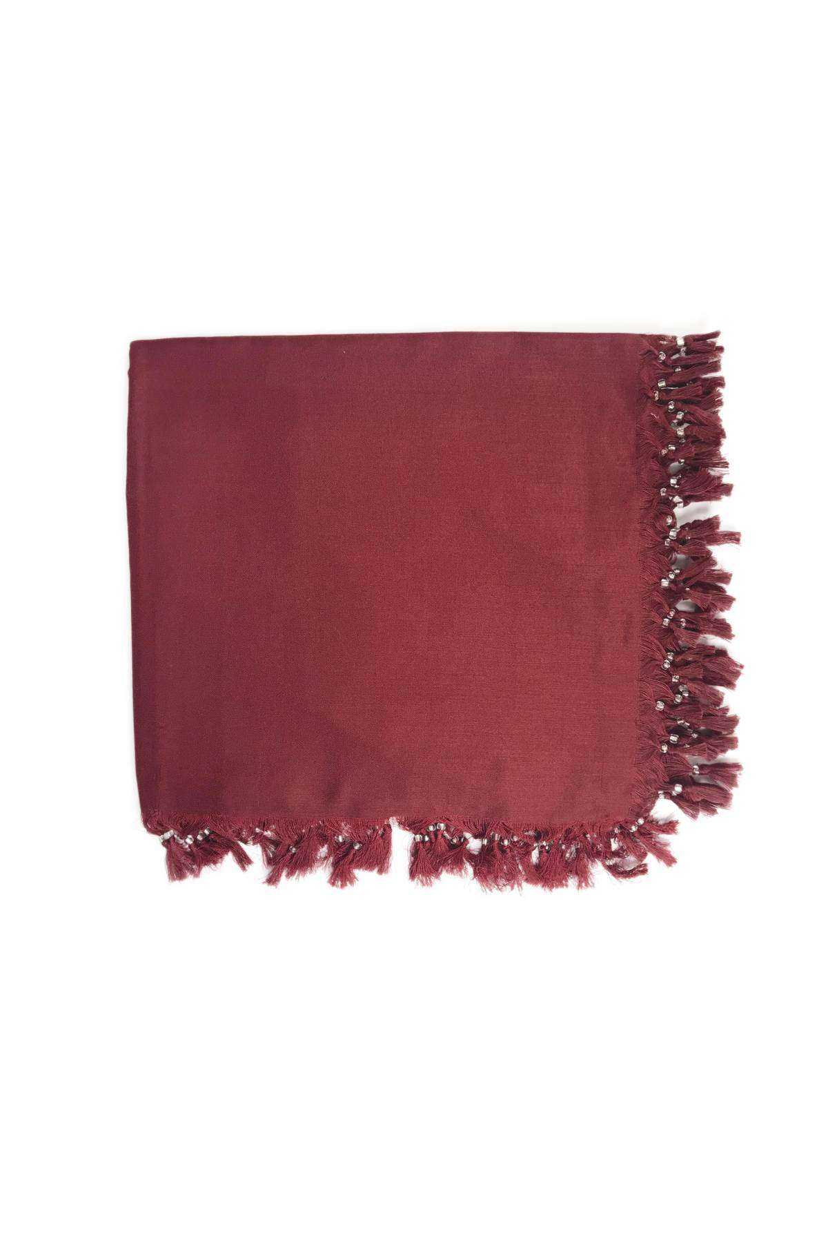 Düz Çekme Boncuklu Polyester Yazma 100x100 cm Bordo